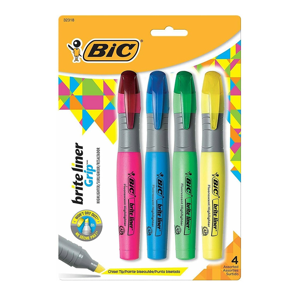 Bic, Highlighters, Art & School, Brite Liner, Grip Tank, Chisel, 4 Pack, 506537
